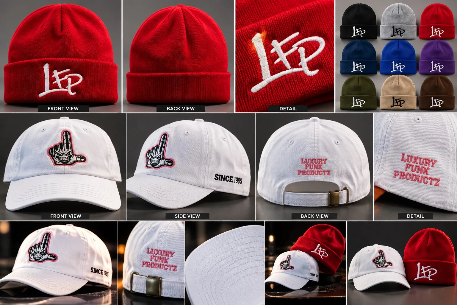LFP cuffed beanies in nine colors and white dad hats