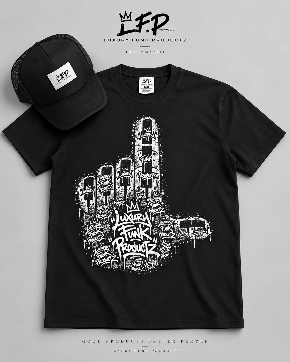 Black LFP tee with the spray-can hand graphic and a black trucker hat