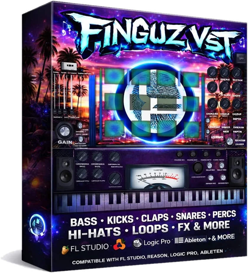 FINGUZ VST product box: neon plugin interface with pads, knobs, VU meter and keyboard; bass, kicks, claps, snares, percs, hi-hats, loops and FX for FL Studio, Logic Pro, Ableton and Reason