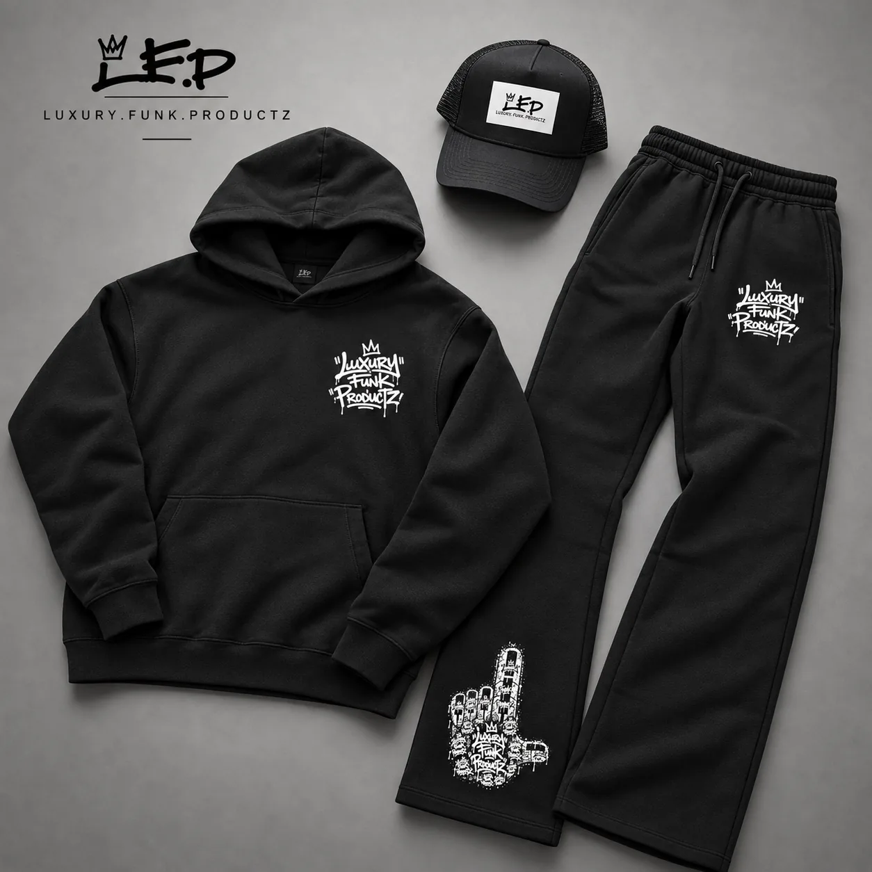 Black LFP hoodie, stacked sweatpants and trucker hat set