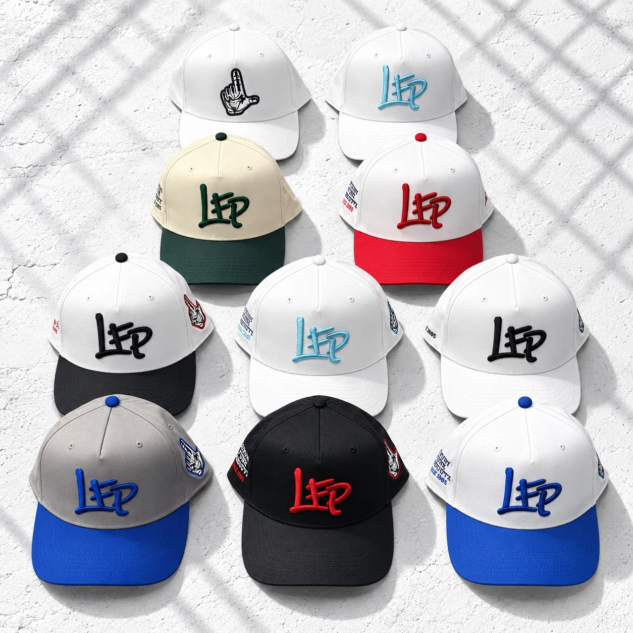 Ten LFP embroidered snapback caps in white, black, cream and blue