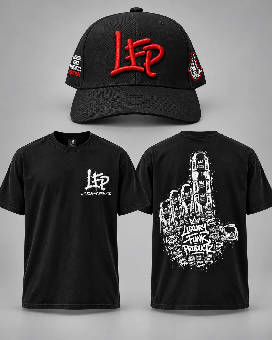 Black LFP tee with the spray-can hand graphic and a black snapback with red LFP embroidery