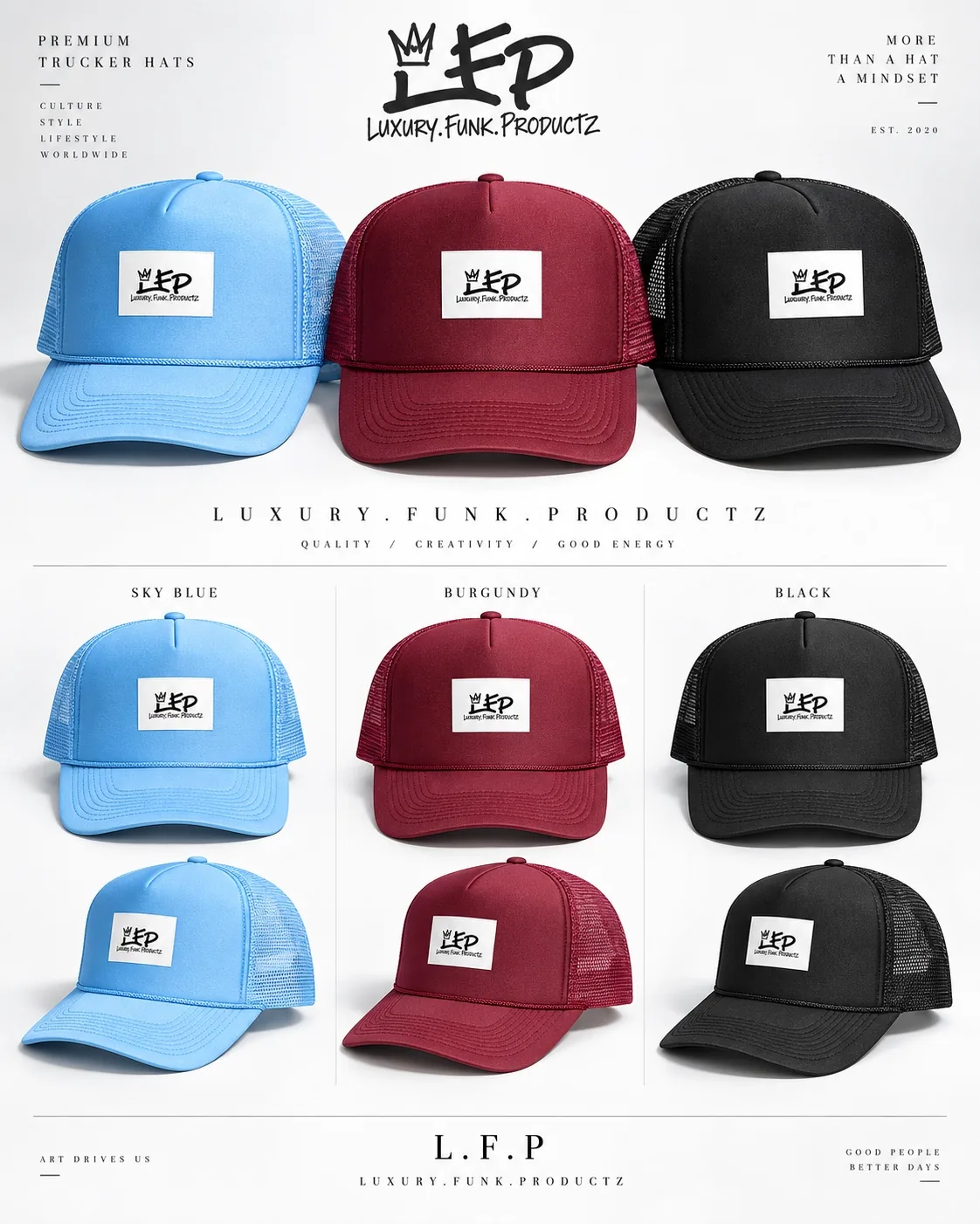 LFP trucker hats in sky blue, burgundy and black
